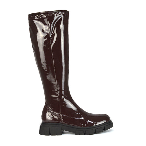 Wilma Chunky Cleated Sole Long Inside Zip-Up Flat Knee High Biker Boots In Black Patent