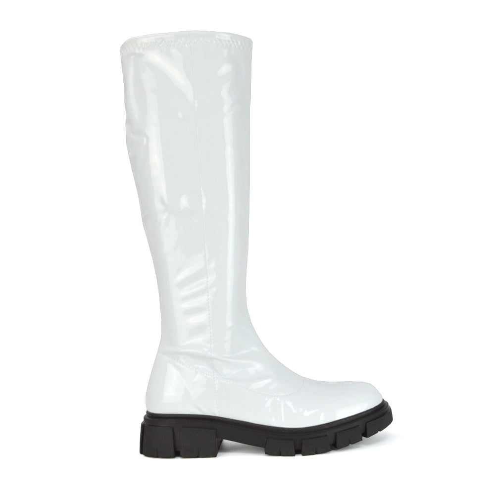 Wilma Chunky Cleated Sole Long Inside Zip-Up Flat Knee High Biker Boots In White Patent