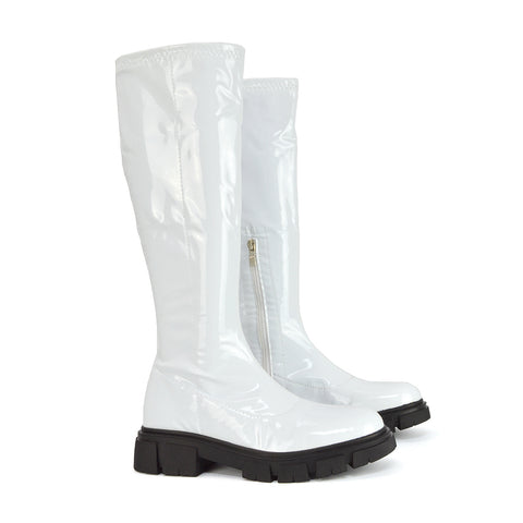 Wilma Chunky Cleated Sole Long Inside Zip-Up Flat Knee High Biker Boots In White Patent