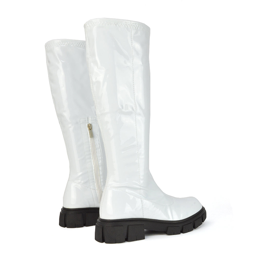 Wilma Chunky Cleated Sole Long Inside Zip-Up Flat Knee High Biker Boots In White Patent