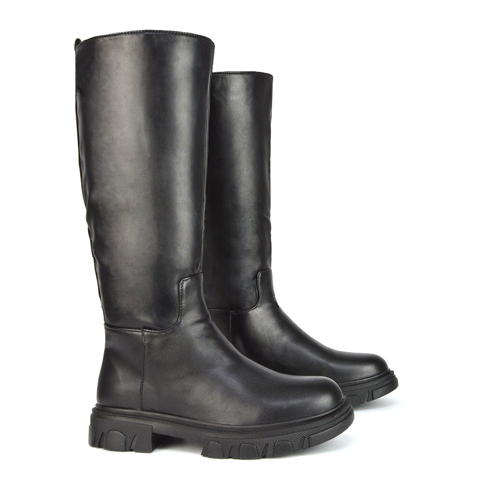 Lainey Chunky Sole Calf High Knee High Biker Boots in Black Synthetic Leather