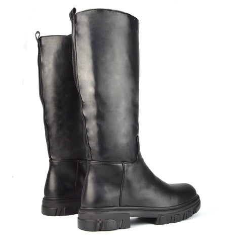 Lainey Chunky Sole Calf High Knee High Biker Boots in Black Synthetic Leather