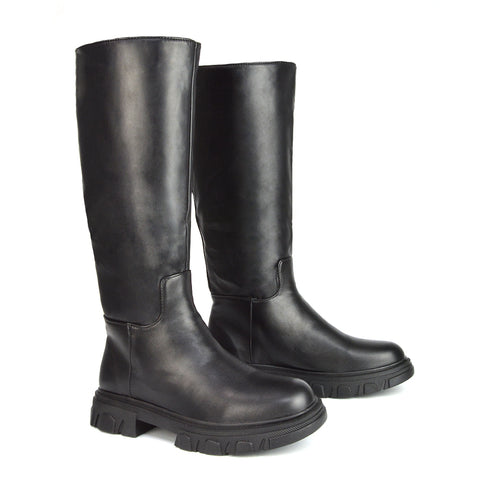Lainey Chunky Sole Calf High Knee High Biker Boots in Black Synthetic Leather