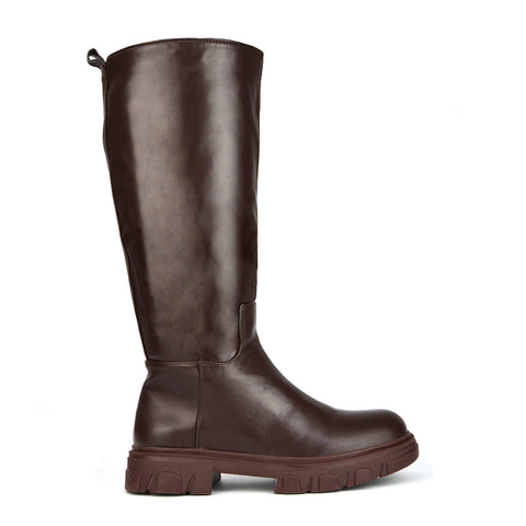 Lainey Chunky Sole Calf High Knee High Biker Boots in Brown Synthetic Leather