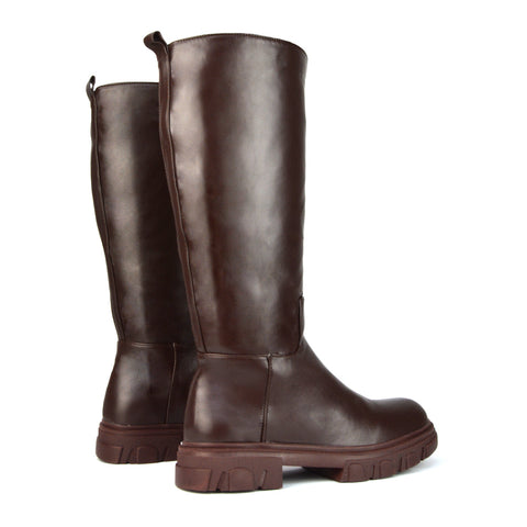 Lainey Chunky Sole Calf High Knee High Biker Boots in Brown Synthetic Leather