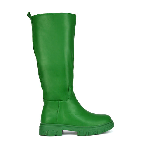 Lainey Chunky Sole Calf High Knee High Biker Boots in Green Synthetic Leather