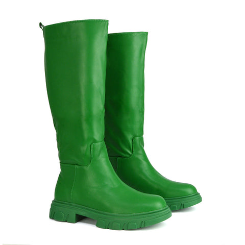 Lainey Chunky Sole Calf High Knee High Biker Boots in Green Synthetic Leather