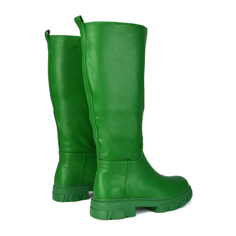 Lainey Chunky Sole Calf High Knee High Biker Boots in Green Synthetic Leather