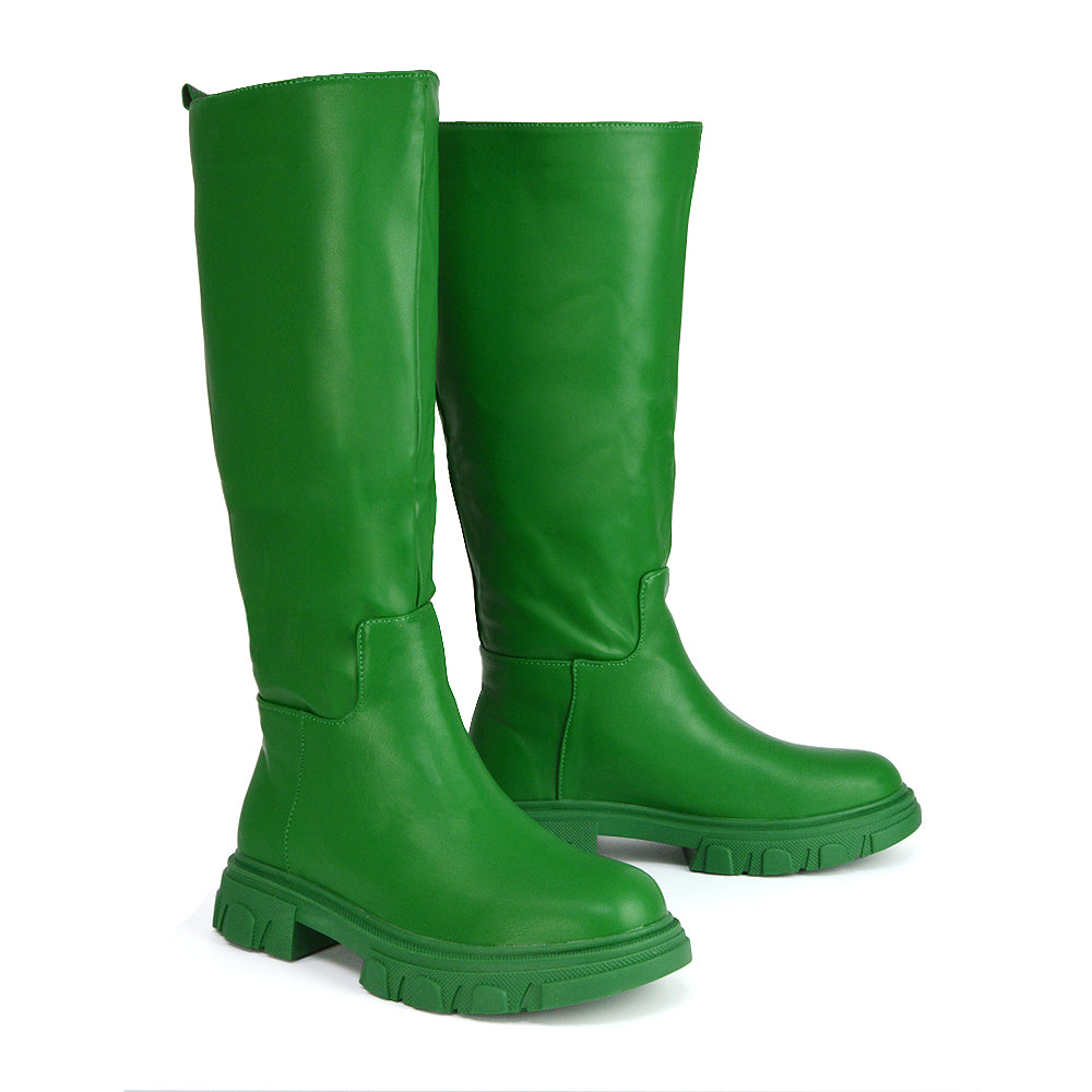 Lainey Chunky Sole Calf High Knee High Biker Boots in Green Synthetic Leather