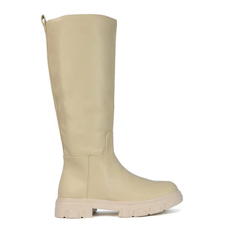 Lainey Chunky Sole Calf High Knee High Biker Boots in Nude Synthetic Leather