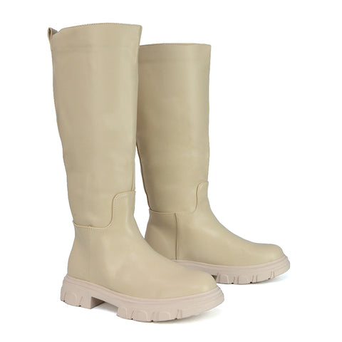 Lainey Chunky Sole Calf High Knee High Biker Boots in Nude Synthetic Leather