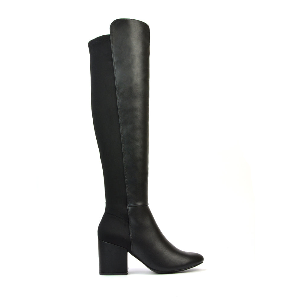 Falcon Mid Block Heel Elasticated High Heel Knee High Boots in Black Synthetic Leather