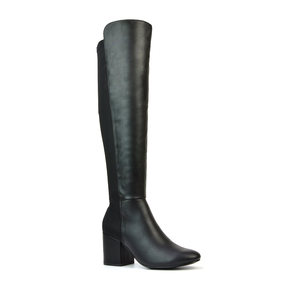 Falcon Mid Block Heel Elasticated High Heel Knee High Boots in Black Synthetic Leather