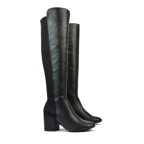 Falcon Mid Block Heel Elasticated High Heel Knee High Boots in Black Synthetic Leather