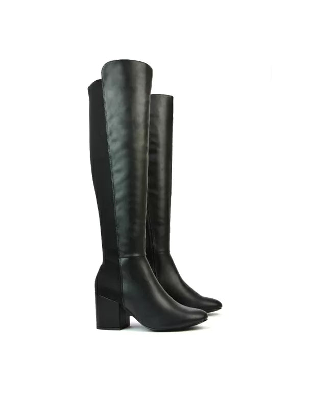 Falcon Mid Block Heel Elasticated High Heel Knee High Boots in Black Synthetic Leather