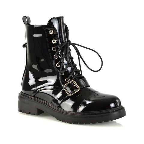 CHEYENNE BUCKLE STRAP ZIP-UP COMBAT CHUNKY LOW HEEL LACE UP ANKLE BIKER BOOTS IN BLACK PU