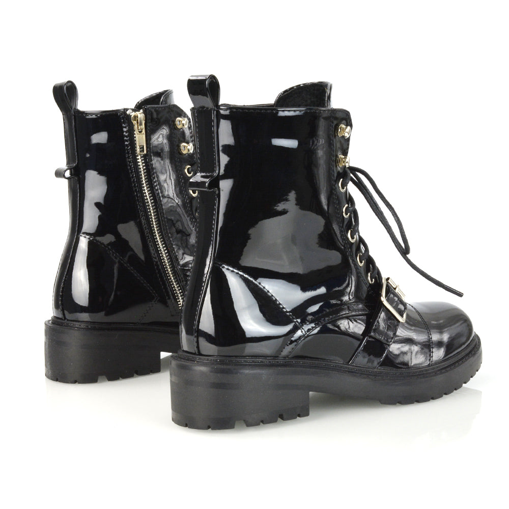 CHEYENNE BUCKLE STRAP ZIP-UP COMBAT CHUNKY LOW HEEL LACE UP ANKLE BIKER BOOTS IN BLACK PU