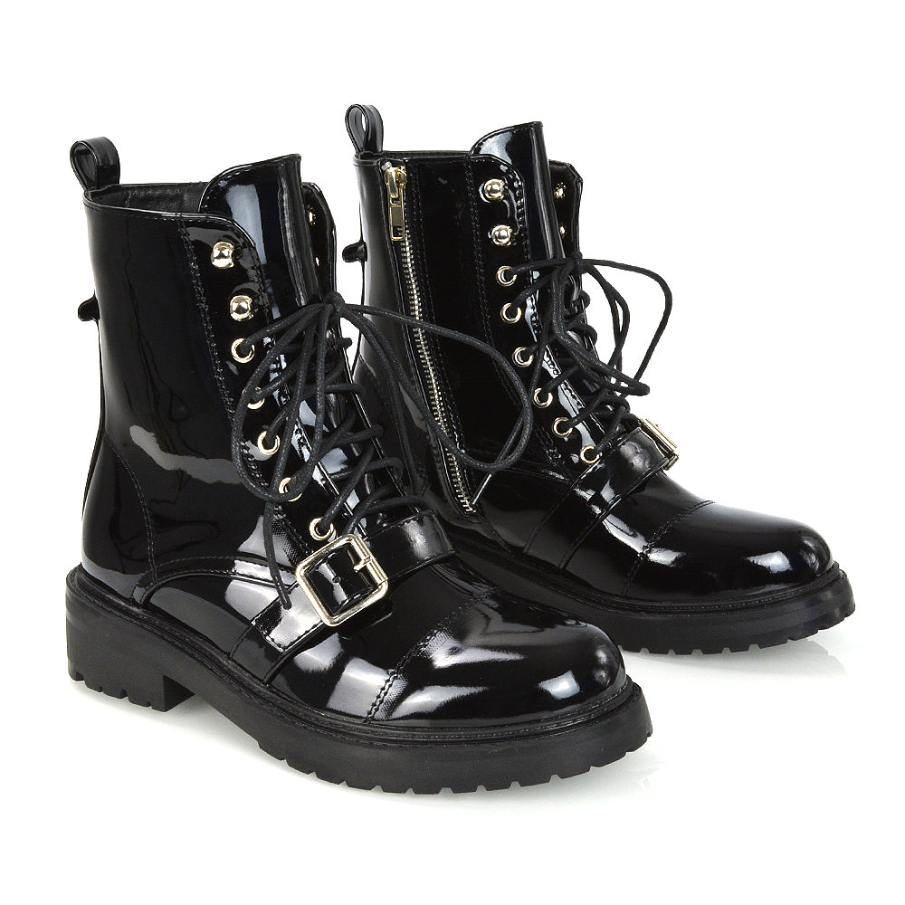 CHEYENNE BUCKLE STRAP ZIP-UP COMBAT CHUNKY LOW HEEL LACE UP ANKLE BIKER BOOTS IN BLACK PU