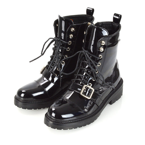 CHEYENNE BUCKLE STRAP ZIP-UP COMBAT CHUNKY LOW HEEL LACE UP ANKLE BIKER BOOTS IN BLACK PU