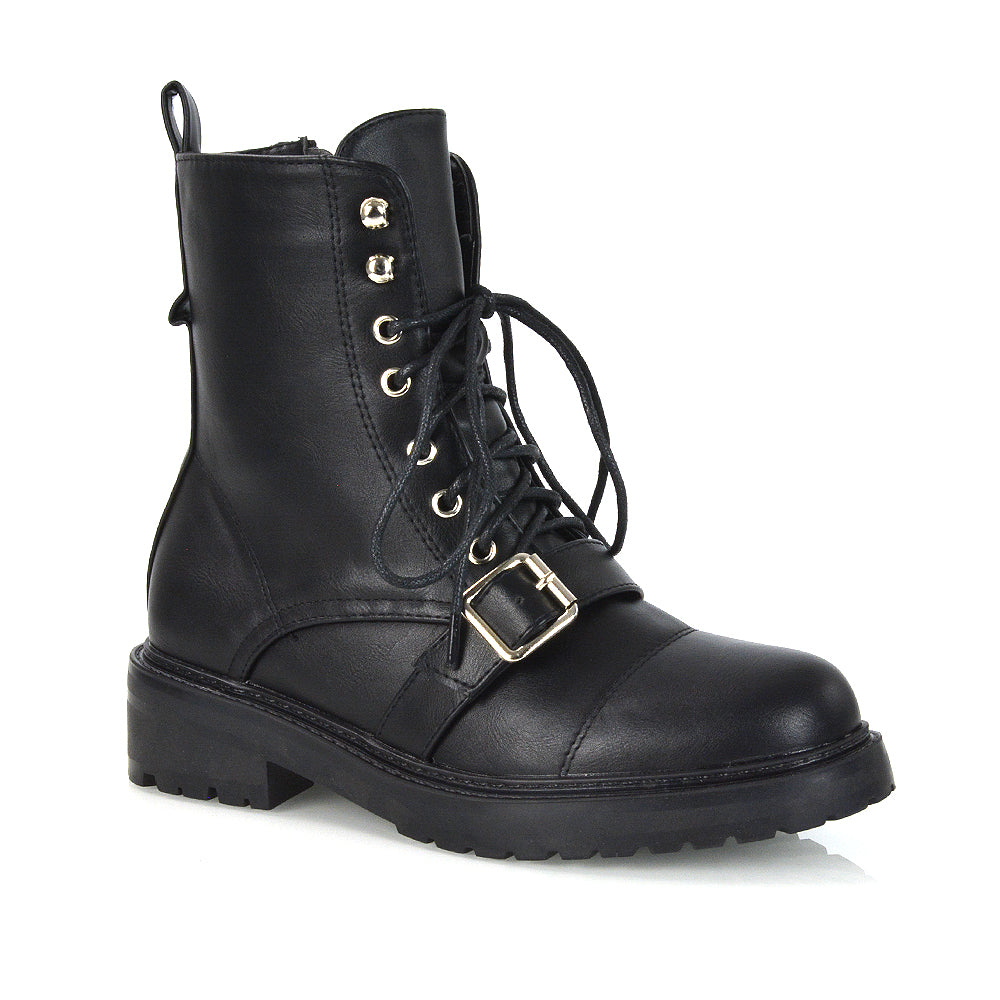 CHEYENNE BUCKLE STRAP ZIP-UP COMBAT CHUNKY LOW HEEL LACE UP ANKLE BIKER BOOTS IN BLACK PU