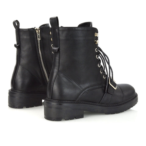 CHEYENNE BUCKLE STRAP ZIP-UP COMBAT CHUNKY LOW HEEL LACE UP ANKLE BIKER BOOTS IN BLACK PU
