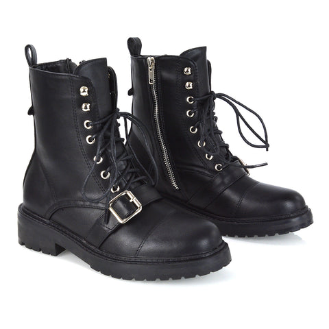 CHEYENNE BUCKLE STRAP ZIP-UP COMBAT CHUNKY LOW HEEL LACE UP ANKLE BIKER BOOTS IN BLACK PU