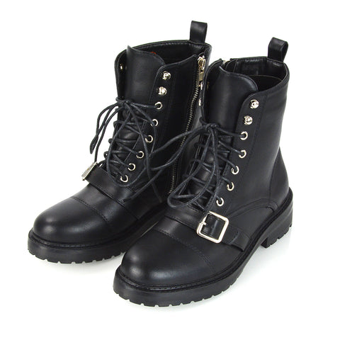 CHEYENNE BUCKLE STRAP ZIP-UP COMBAT CHUNKY LOW HEEL LACE UP ANKLE BIKER BOOTS IN BLACK PU