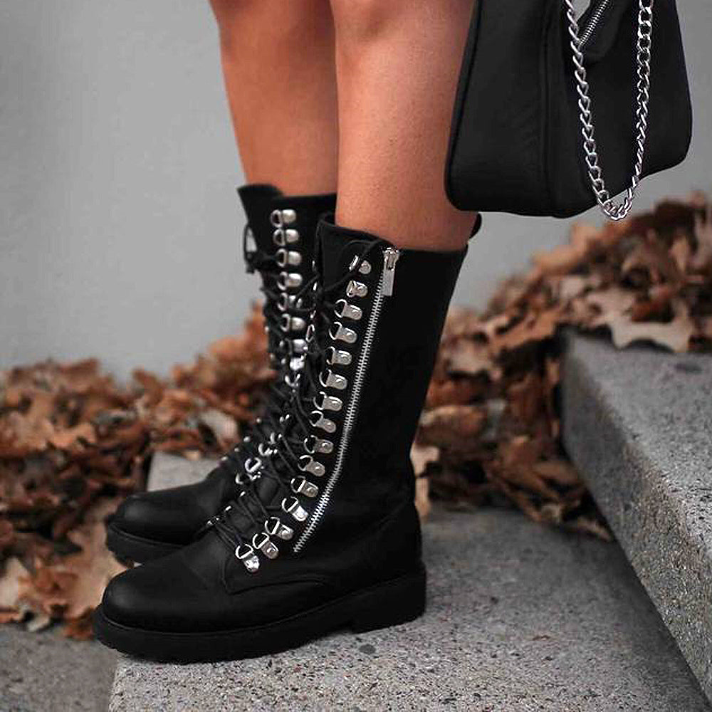 Adriana Lace up Zip up Mid-Calf Combat Biker Boots in Black Synthetic Leather