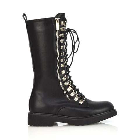 Adriana Lace up Zip up Mid-Calf Combat Biker Boots in Black Synthetic Leather