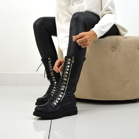 Adriana Lace up Zip up Mid-Calf Combat Biker Boots in Black Synthetic Leather