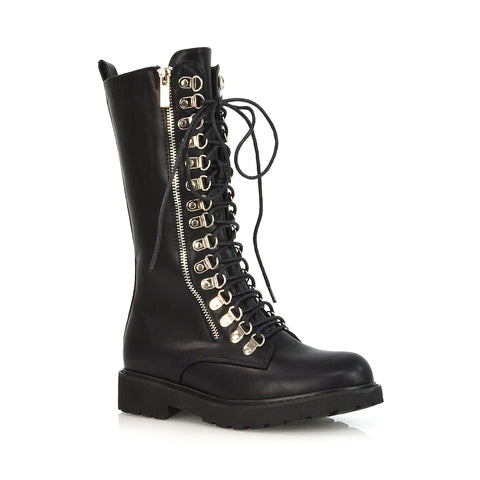 Adriana Lace up Zip up Mid-Calf Combat Biker Boots in Black Synthetic Leather