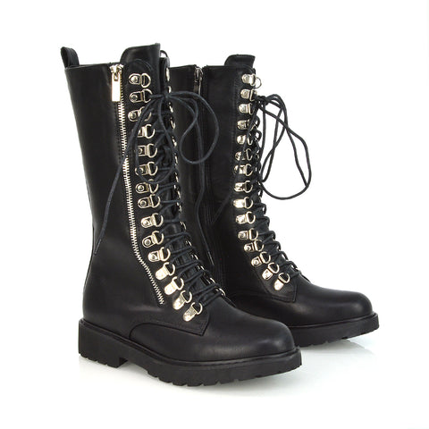 Adriana Lace up Zip up Mid-Calf Combat Biker Boots in Black Synthetic Leather