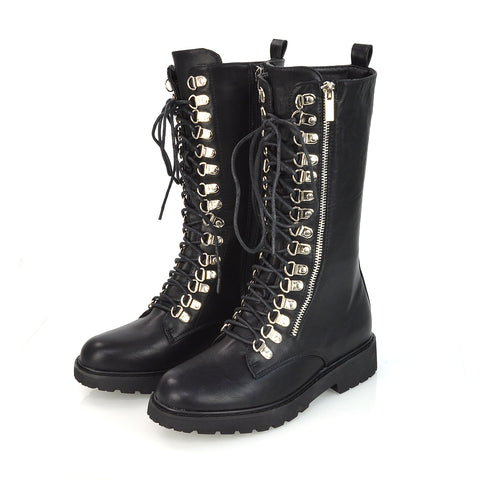 Adriana Lace up Zip up Mid-Calf Combat Biker Boots in Black Synthetic Leather