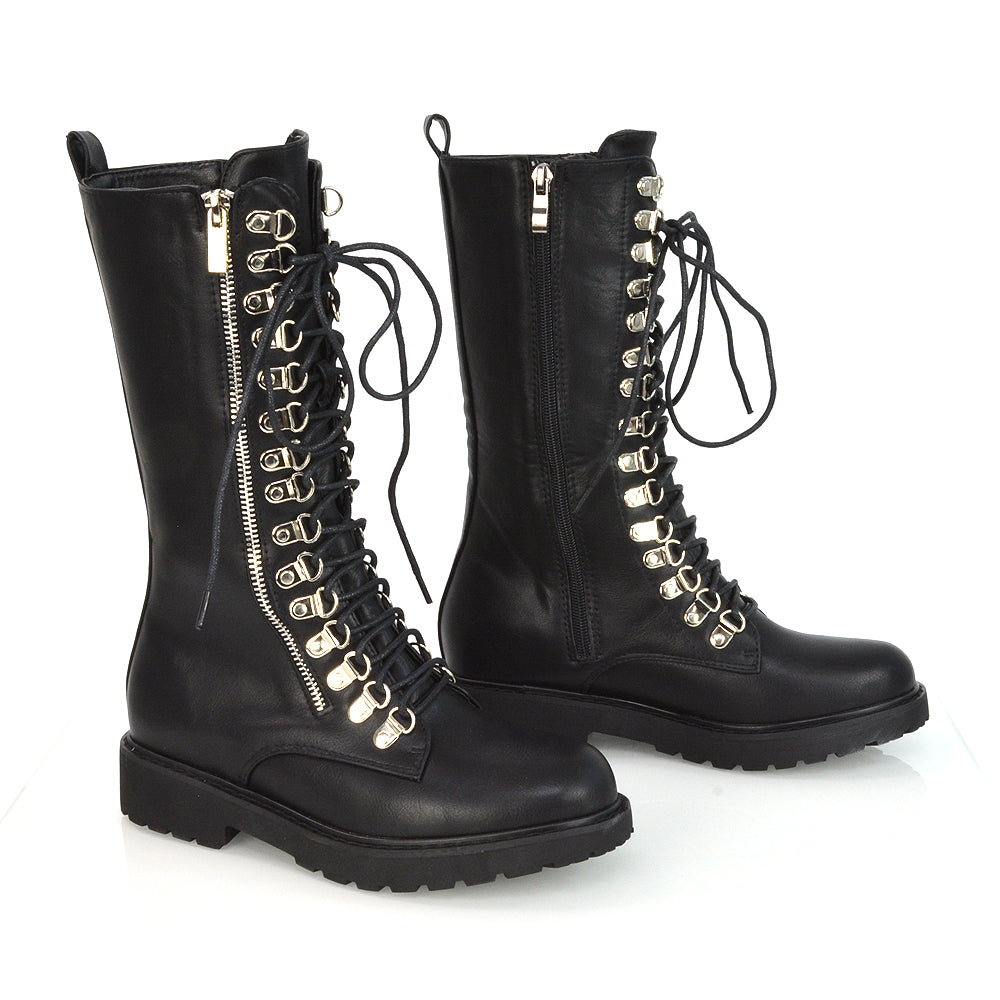 Adriana Lace up Zip up Mid-Calf Combat Biker Boots in Black Synthetic Leather