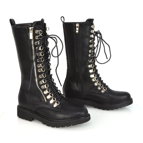 Adriana Lace up Zip up Mid-Calf Combat Biker Boots in Black Synthetic Leather