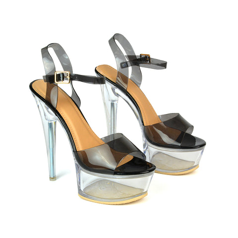 Mollie Perspex Ankle Strappy Stiletto Platform High Heels in Black Patent