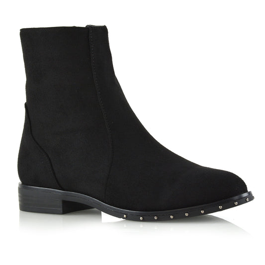 black faux suede | XY London | womans black faux suede ankle boots ,womans black faux suede studded ankle boots ,black faux suede studded ankle boots for ladies ,womans black faux suede flat boots 
