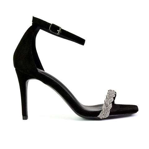 Peyton Diamante Strappy Party Square Toe Mid High Heel Stiletto Sandals in Black