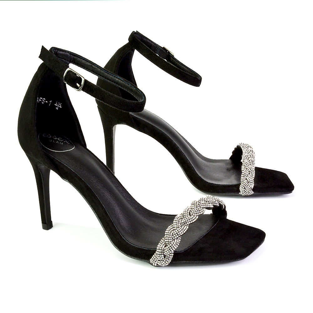 Peyton Diamante Strappy Party Square Toe Mid High Heel Stiletto Sandals in Black