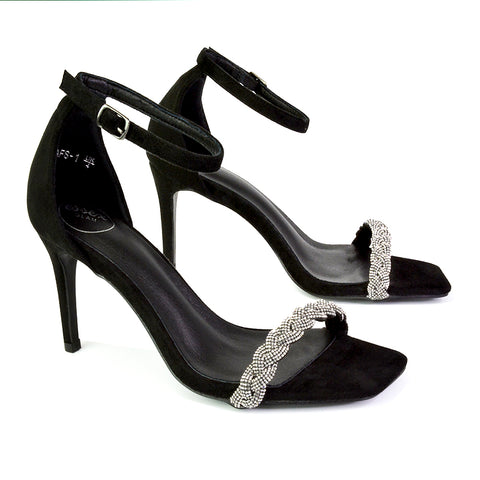 Peyton Diamante Strappy Party Square Toe Mid High Heel Stiletto Sandals in Silver