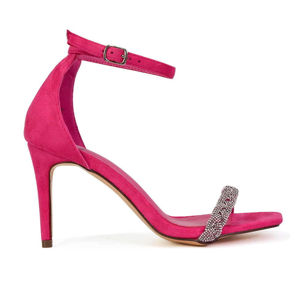 Peyton Diamante Strappy Party Square Toe Mid High Heel Stiletto Sandals in Fuchsia