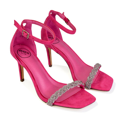 Peyton Diamante Strappy Party Square Toe Mid High Heel Stiletto Sandals in Fuchsia