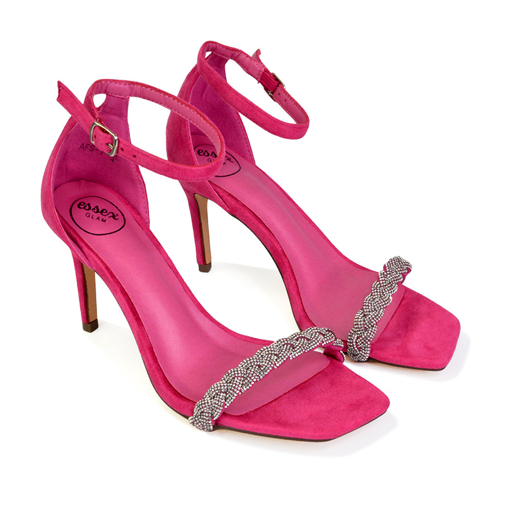 Peyton Diamante Strappy Party Square Toe Mid High Heel Stiletto Sandals in Fuchsia