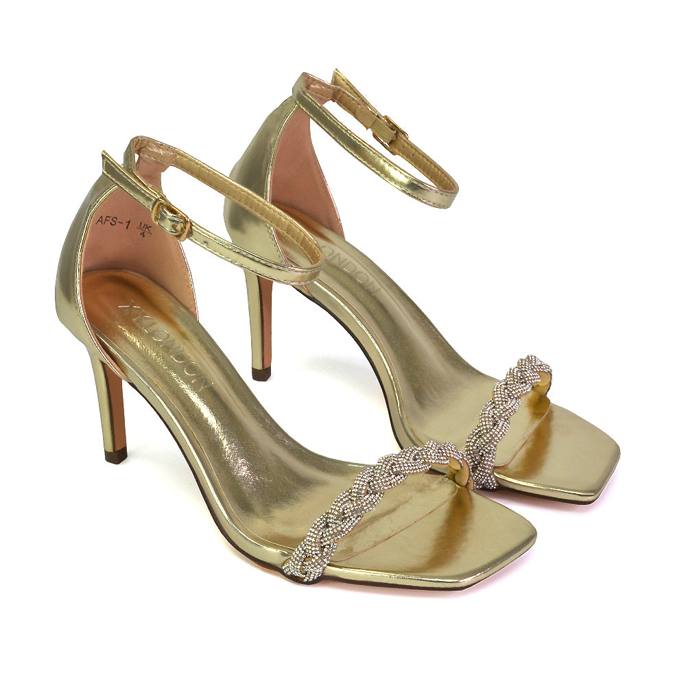 Peyton Diamante Strappy Party Square Toe Mid High Heel Stiletto Sandals in Silver