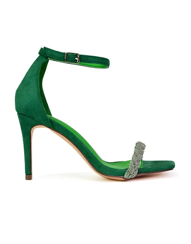 Peyton Diamante Strappy Party Square Toe Mid High Heel Stiletto Sandals in Green