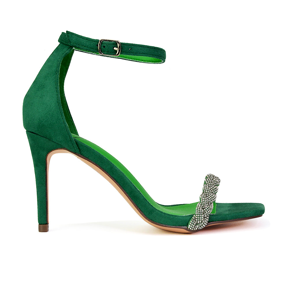 Peyton Diamante Strappy Party Square Toe Mid High Heel Stiletto Sandals in Green