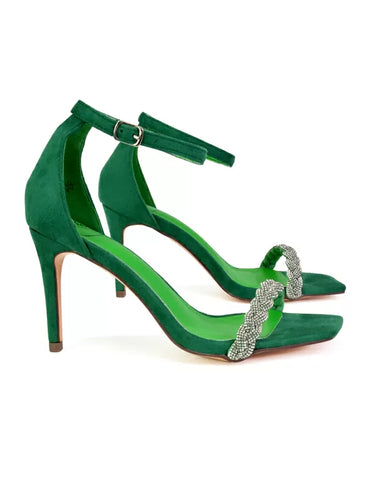 Peyton Diamante Strappy Party Square Toe Mid High Heel Stiletto Sandals in Green