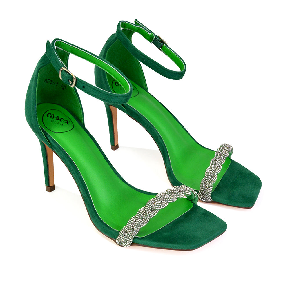 Peyton Diamante Strappy Party Square Toe Mid High Heel Stiletto Sandals in Fuchsia