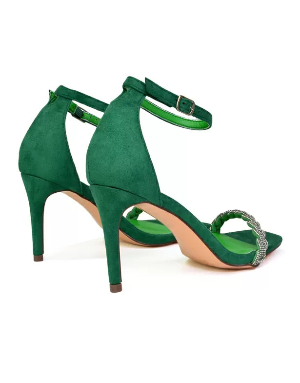 Peyton Diamante Strappy Party Square Toe Mid High Heel Stiletto Sandals in Green