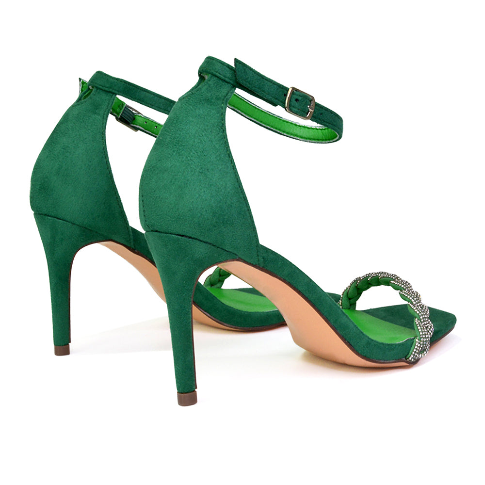 Peyton Diamante Strappy Party Square Toe Mid High Heel Stiletto Sandals in Green